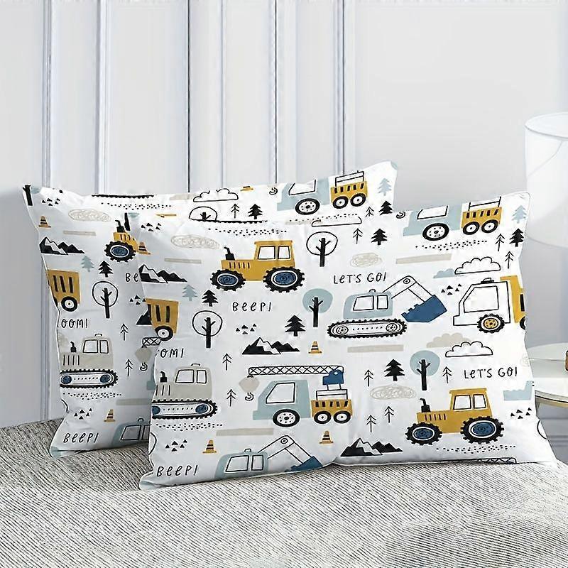 Cartoon Construction Vehicle Duvet Cover Set 3 Pieces, White Kids Bedding with Trucks and Excavators, for Boys Girls Bedroom Decor