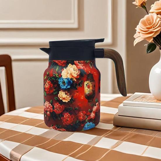 Винтажный заварочный чайник с цветочным узором и встроенным фильтром, V-образным носиком, заварочный чайник с напорной водой, 1000 мл, изолированный чайник из нержавеющей стали