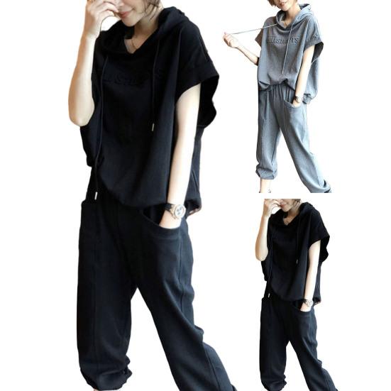 2 шт./компл. комплект брюк с капюшоном на шнурке, однотонный, с короткими рукавами, с эластичной резинкой на талии, карманами, с капюшоном, свободные женские повседневные брюки с ремешками на щиколотке