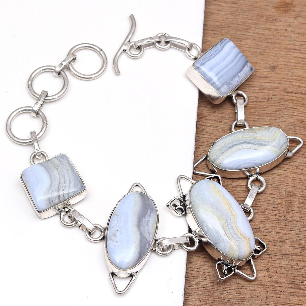 Silver Lace Blue Bracelet Sterling Agate Gemstone 7-8" Cuff Agate, Topaz