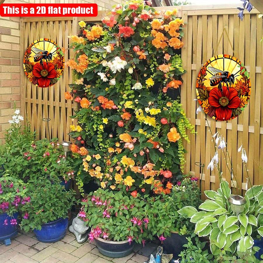 2D плоский 20*20 см 1 шт желтый пчела красный яркий цветочный узор уникальный круглый подвесной орнамент окна, ретро-художественный кулон для домашнего сада и наружного декора