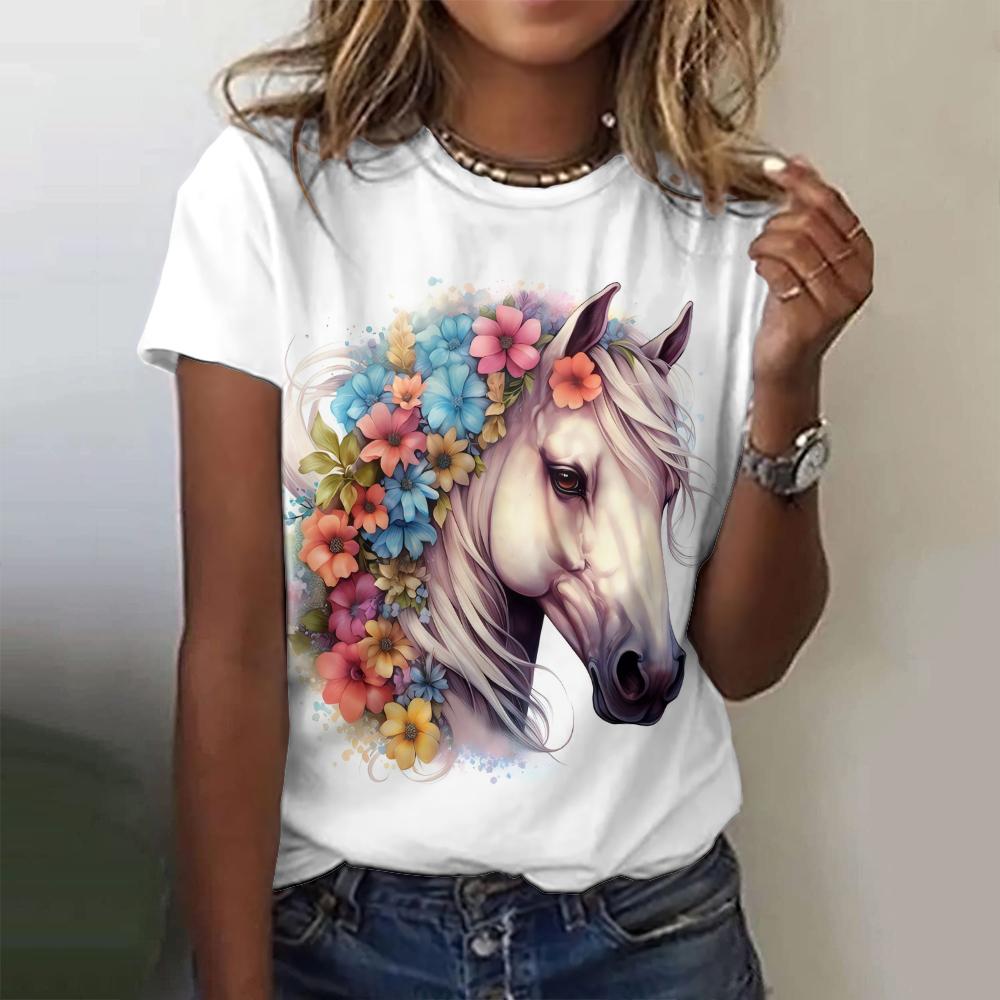 Летняя мода Лошадь 3D Принт Футболки Женская уличная одежда Harajuku Повседневная Y2k Футболка с коротким рукавом Футболки с круглым вырезом Топы Одежда