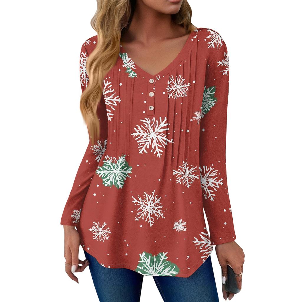 Women's Fashion Casual Christmas Tree Print V-Neck Decorative Button Long Sleeve T-Shirt Top