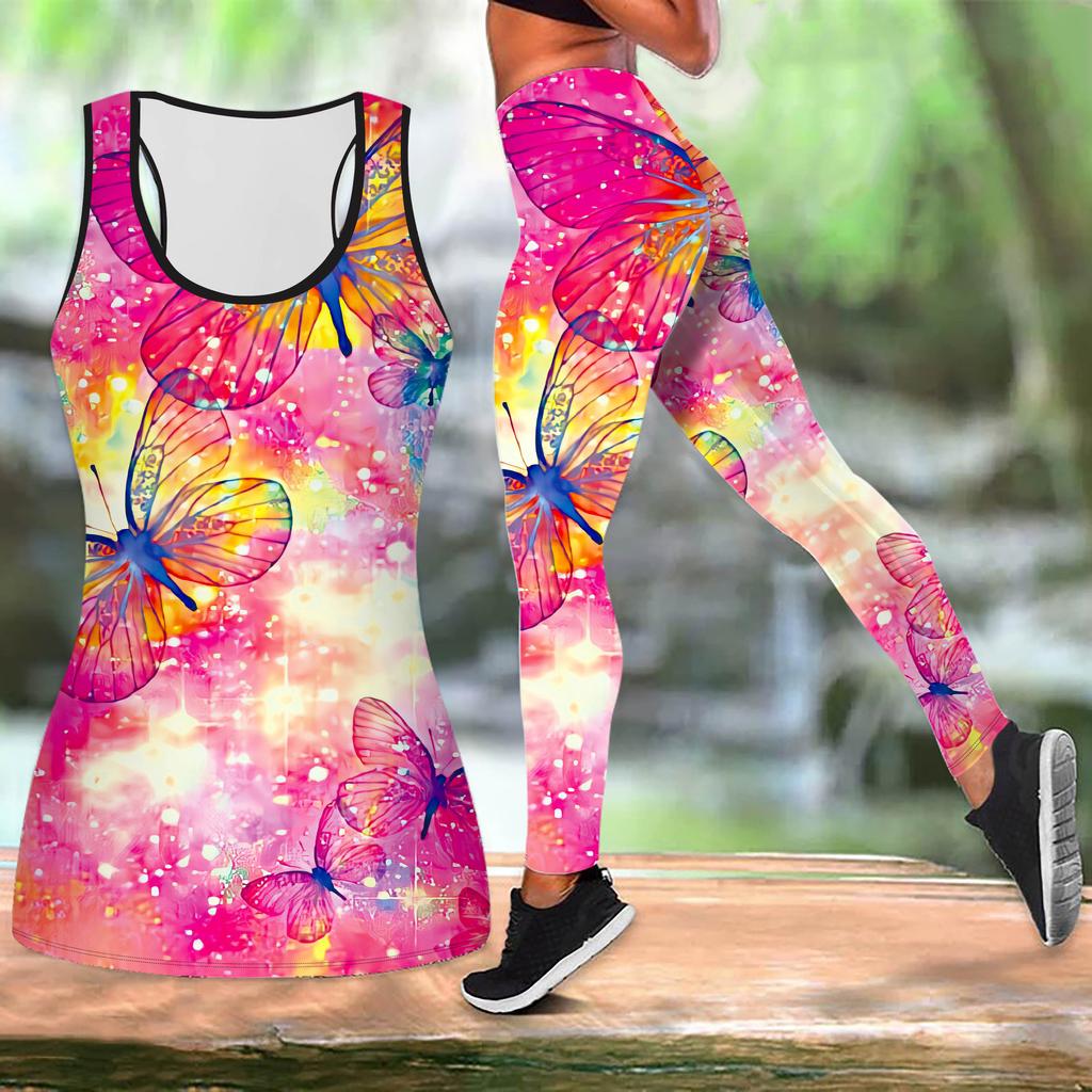 Комплект для йоги с принтом полых бабочек для женщин, модные леггинсы для тренировок, фитнес, спорт, повседневный комплект для йоги, спортивный костюм