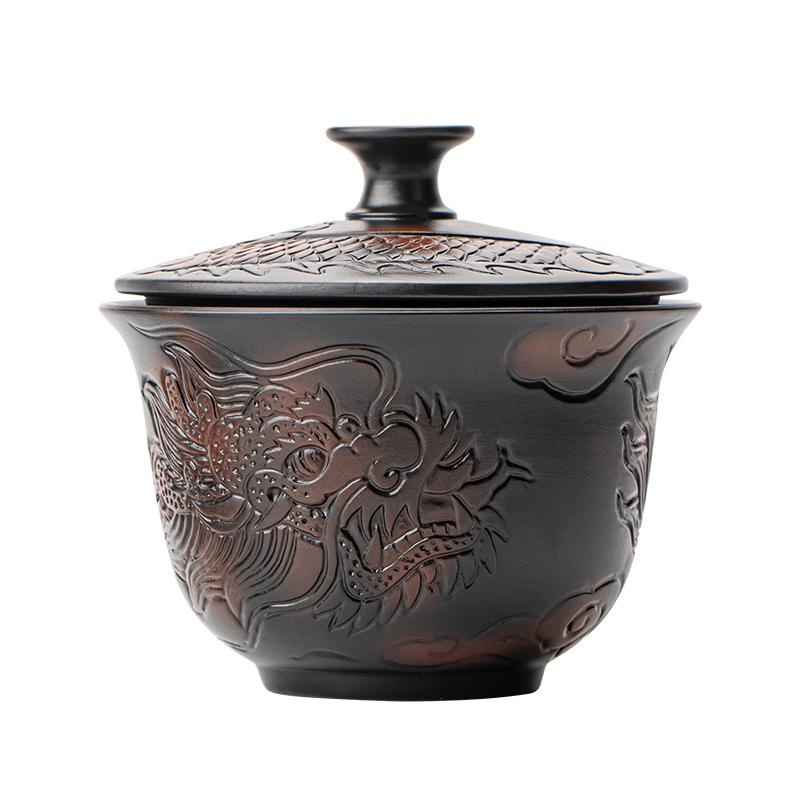 Jianshui Purple Pottery Gaiwan Dragon Handmade Household Kung Fu Tea Set Tea Bowl Tea Cup Tea Maker Tea Ceremony Tea Tureen