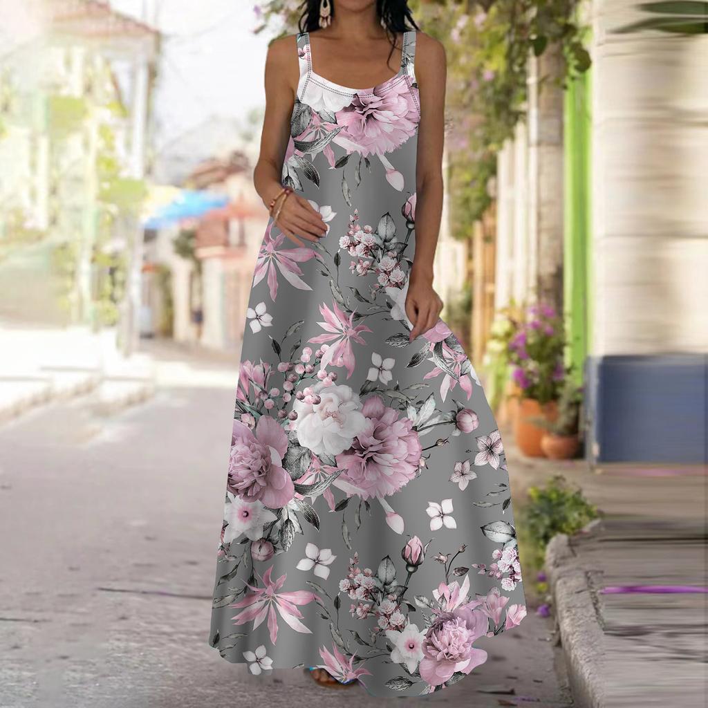 Женское платье-комбинация Длинное платье макси Красное платье с цветочным принтом Весна и лето Для отдыха и отпуска