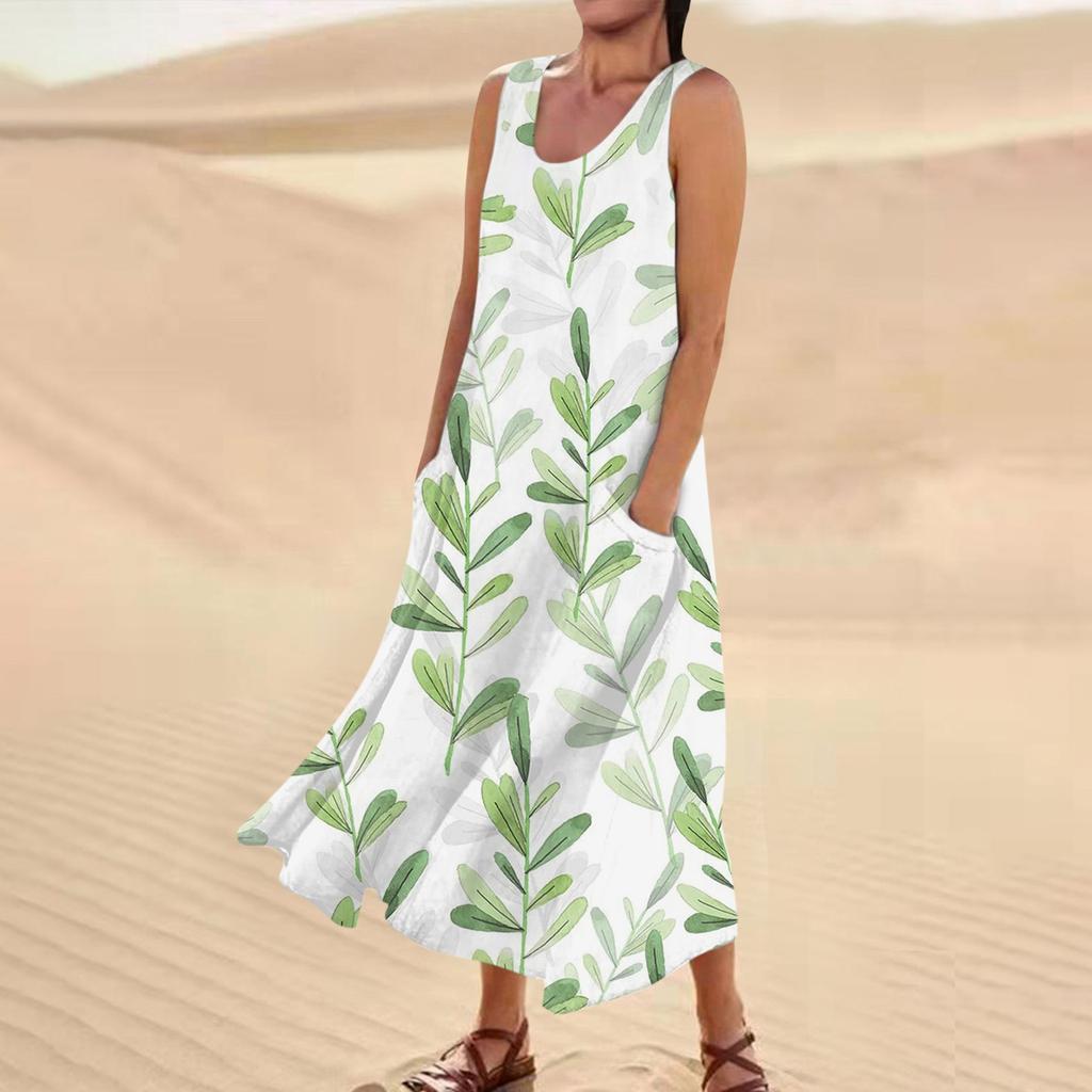 Женское повседневное удобное хлопковое карманное платье без рукавов с цветочным принтом