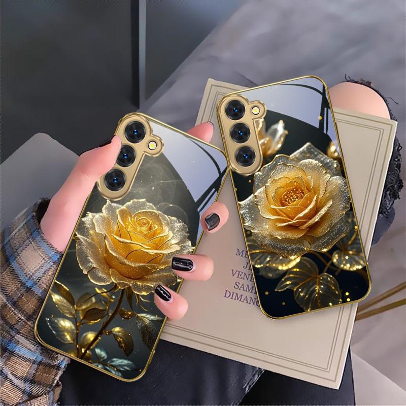 Элегантная золотая роза Для Samsung Galaxy S26 S20 FE S21 S22 S23 Plus S24 Ultra S25Ultra S21+ S22Plus Золотой стеклянный чехол для телефона