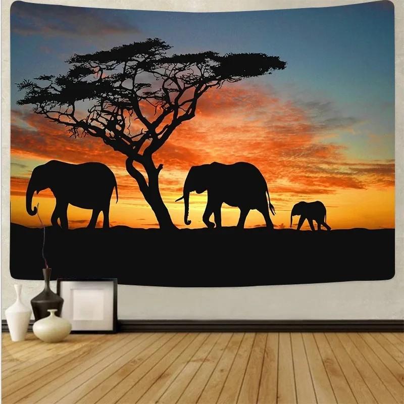 VIKAMA African Animal Silhouette Tapestry High Contrast Sunset Gradient Mural Acacia Tree Elements Living Room BB