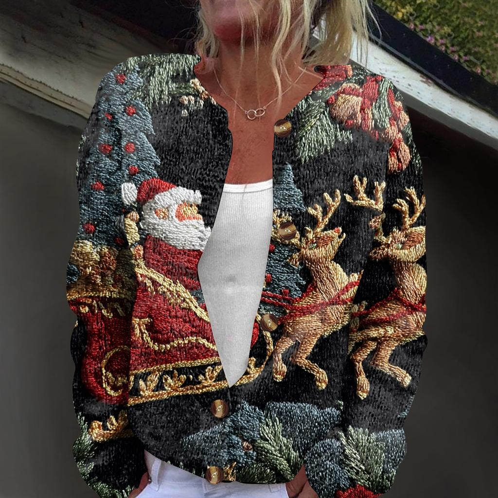 Women's Fashion Christmas Print Long Sleeve Knitted Cardigan Button Jacket
