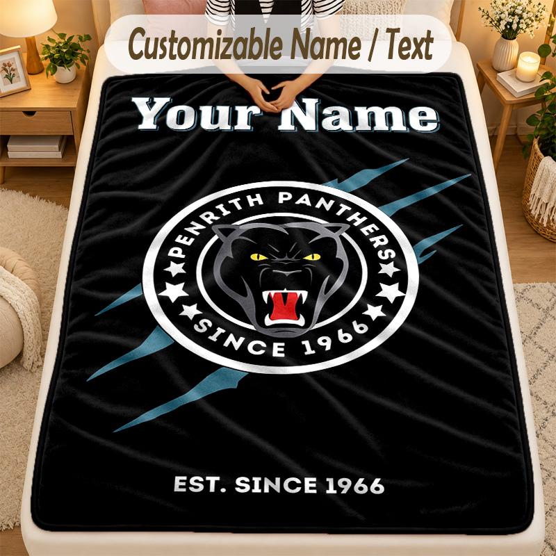 Flannel BlanketPenrith Panthers Custom Name Text Personalized Soft Warm Throw Blanket Home Decor Gift