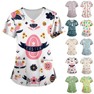 Женская мода с v-образным вырезом, короткими рукавами и карманами, топы с принтом