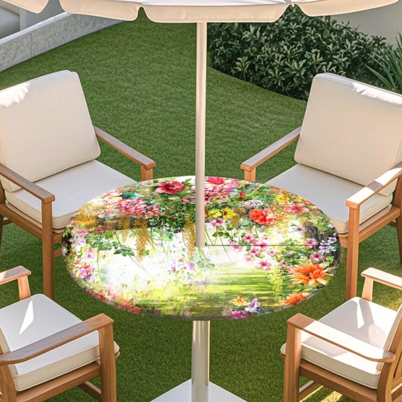 Outdoor Round Table Cover With Floral Print Oil Painting Style Waterproof Elastic Edge Patio Garden