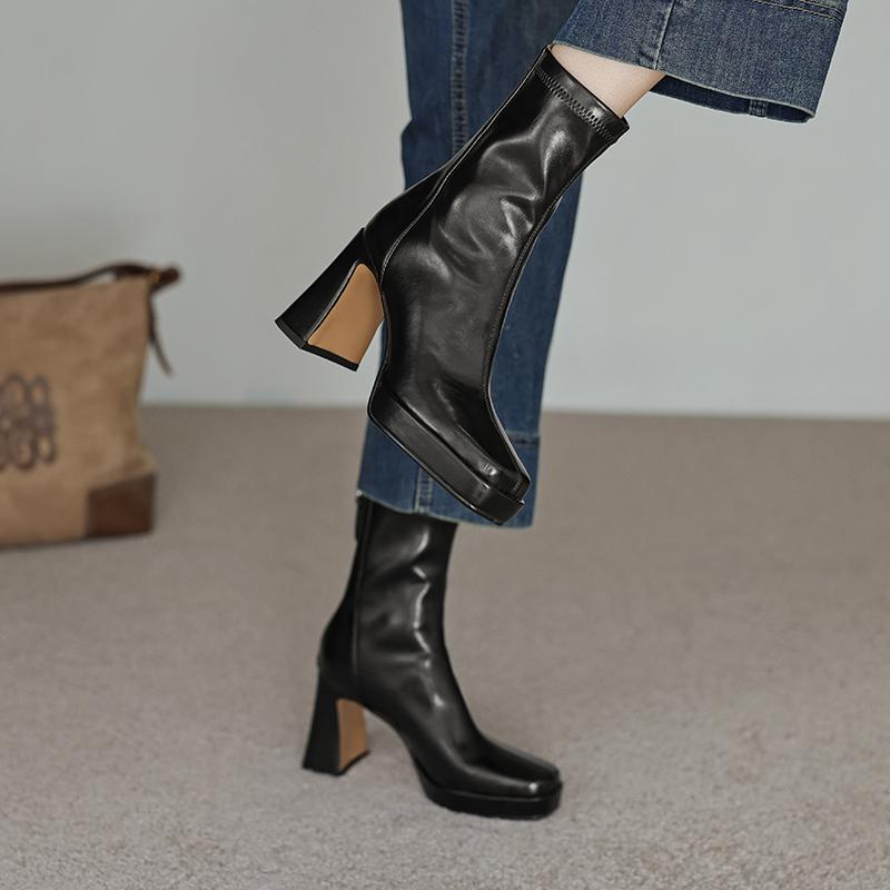 Krazing Pot Microfiber Autumn Winter Shoes Thick High Heels Platform Boots Square Toe Keep Warm Zipper Ankle Boots