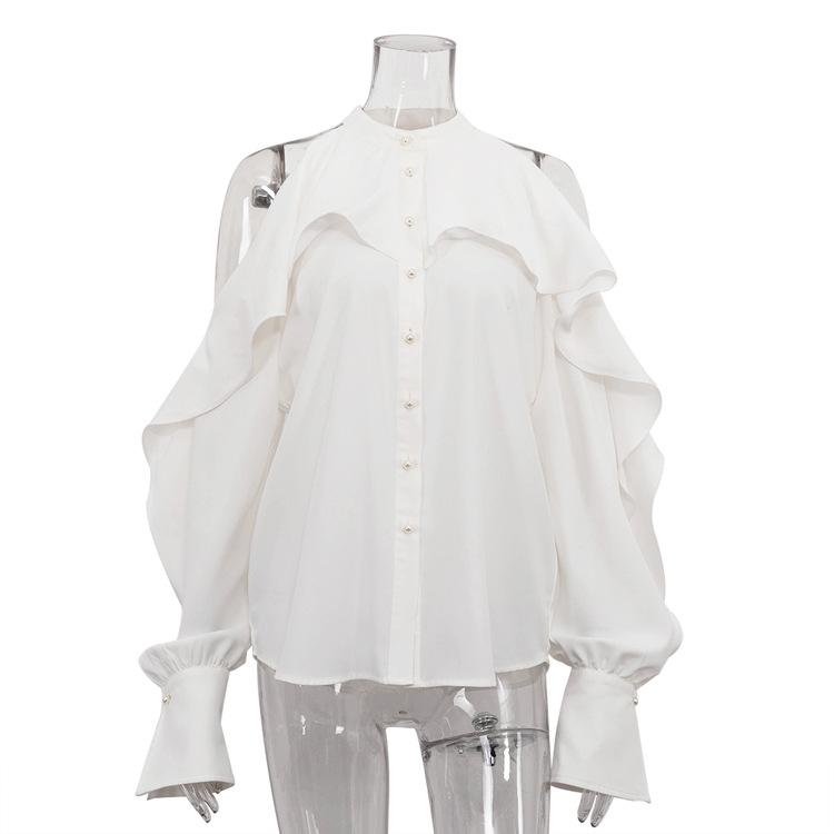 Сексуальная свободная белая женская рубашка Модная с круглым вырезом, с открытыми плечами, с длинным рукавом Элегантный классический топ с оборками Женская одежда