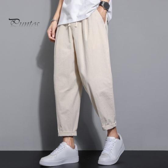 Мужские девятые брюки с тонкими боковыми карманами на шнурке и эластичной резинкой на талии в японском стиле с широкими штанинами, сплошной цвет в стиле ретро, ​​спортивные штаны для тренировок в тренажерном зале, длинные брюки