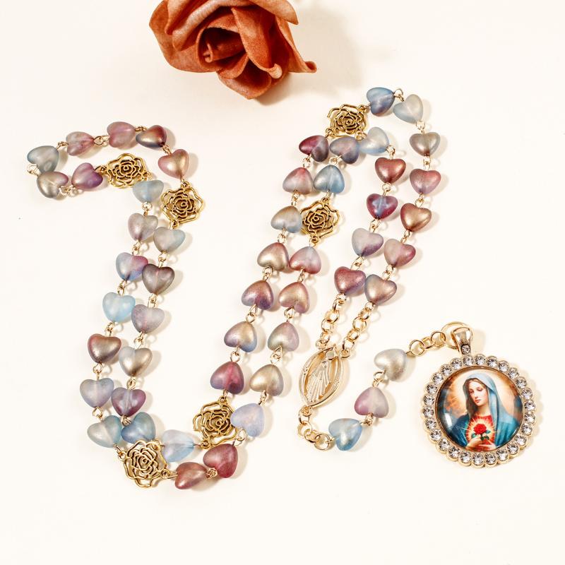 [HF][HS]1Pc Virgin Mary/st Benedict Rosary Beads Necklace For Women Men Catholic Jesus Christ Cross Crucifix Pendant Long Chain