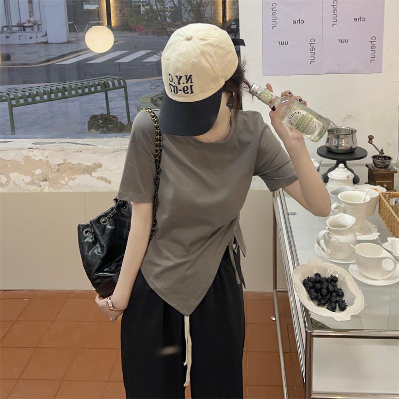 Летние нестандартные футболки с коротким рукавом для женщин, тонкий хлопок, однотонный, со шнурком, повседневная тонкая футболка Harajuku Student Y2k укороченные топы