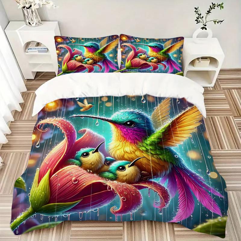 3pcs Rainbow Hummingbirds Bedding Set Includes Comfortable Bedding with Stylish Design for Bedroom, J076