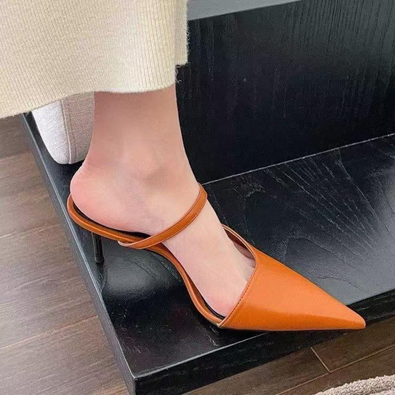 Fashion Temperament French Pointed Toe Shallow Mouth Slim Heel Slippers Women's New Summer Baotou One Strap Non-slip High Heels