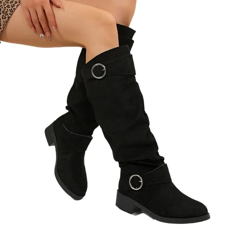 Shoes Female 2024 New Slip-on Women's Boots Fashion Belt Buckle Modern Boots Women Winter Plus Size Square Heel Knee-High Boots
