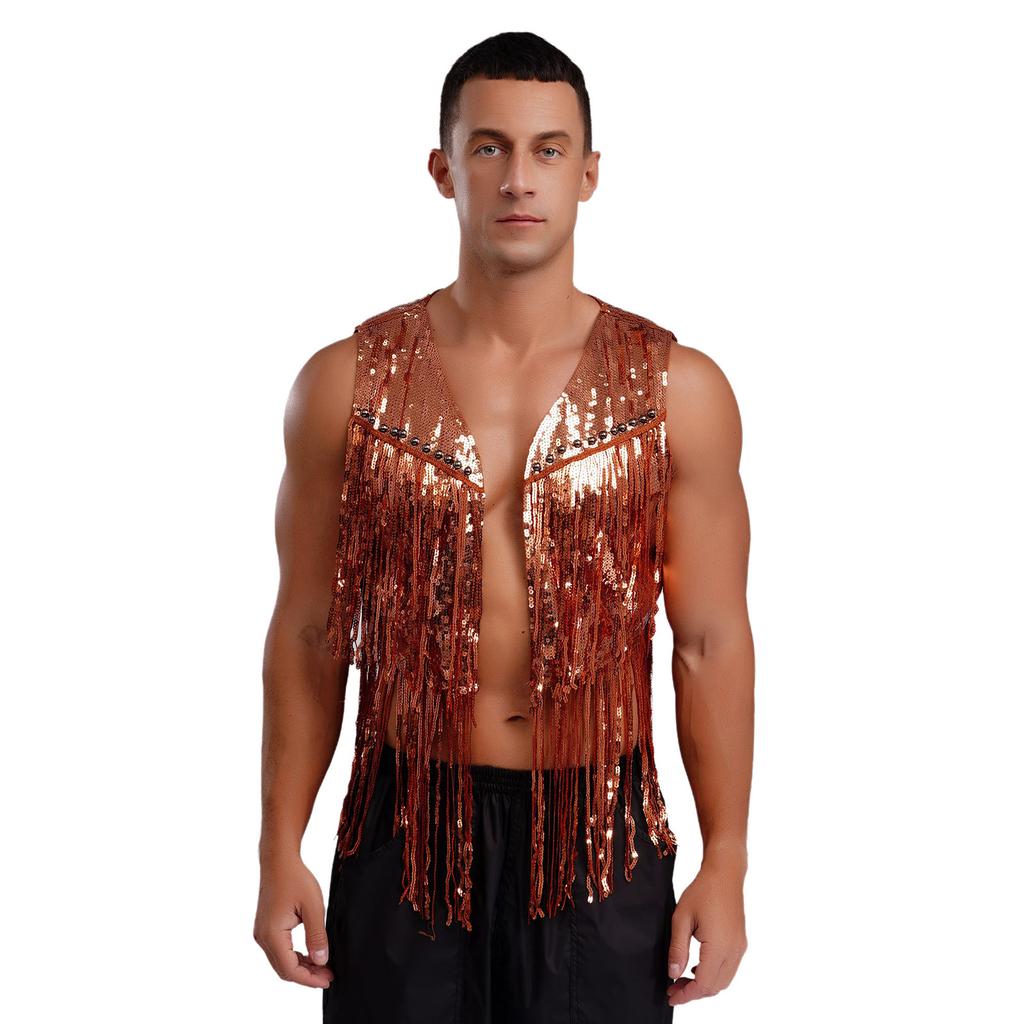 Мужской блестящий ковбойский жилет с пайетками, открытый спереди, с кисточками и заклепками, блестящая западная жилетка для диско-клубов в стиле 70-х