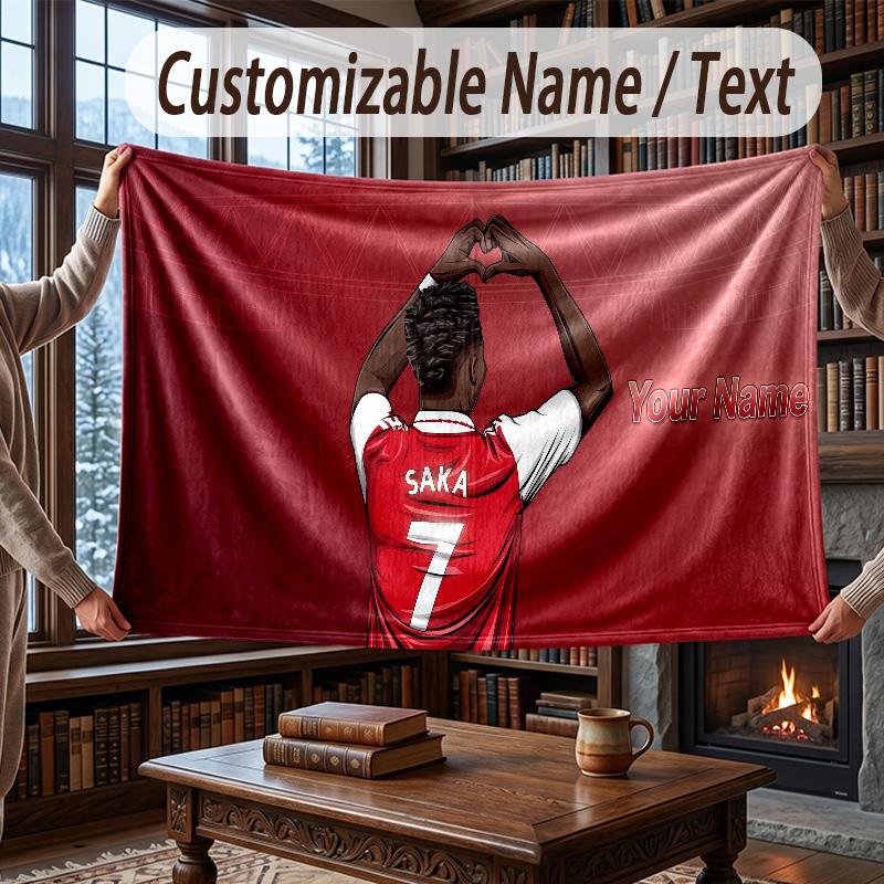 Custom Name Flannel Throw Blanket Bukayo Saka Pattern Warm Home Decoration