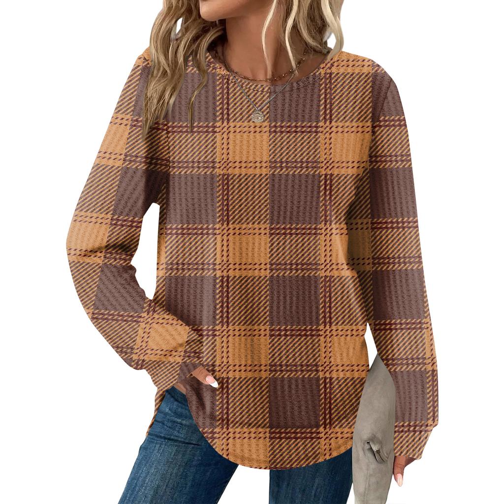 Женский повседневный топ свободного кроя с круглым вырезом и длинными рукавами в клетку