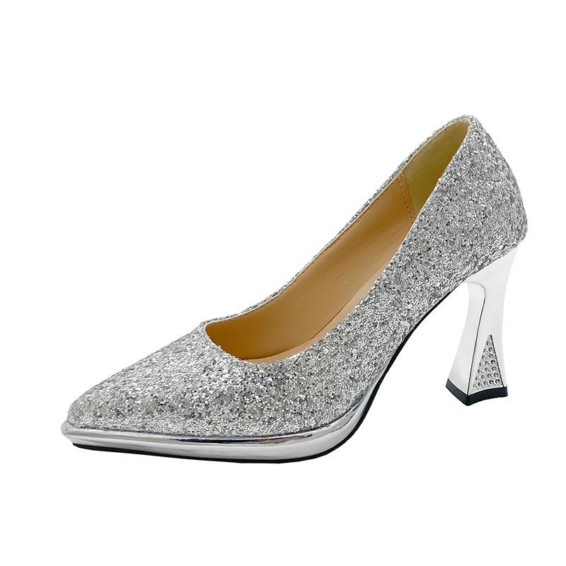 Туфли-лодочки на высоком каблуке с пайетками, с открытым верхом, одинарные туфли, весна-лето, новая модная женская обувь, серебристые, для свадьбы, банкета, на все сезоны, кожаные туфли