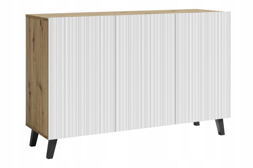 Modern 120cm chest of drawers for the living room on artisan legs, white MDF fronts, grooved