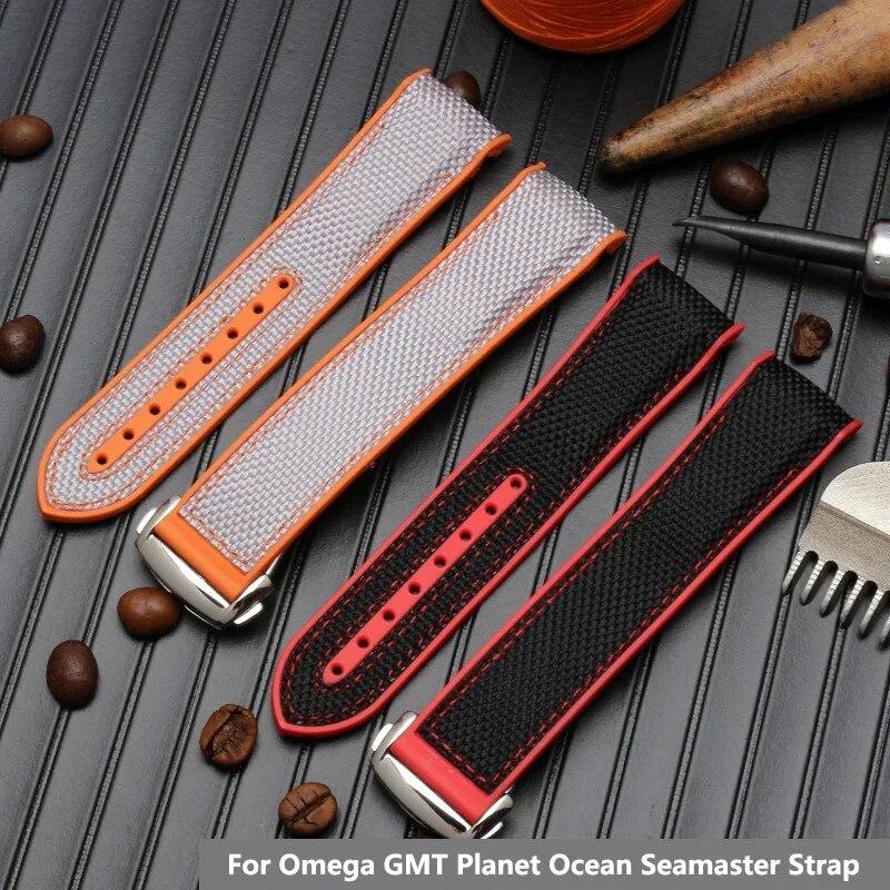 20mm 22mm Rubber Nylon Silicone Watch Band For Omega GMT Planet Ocean Seamaster Diver 300 Curved End Orange Watch Strap