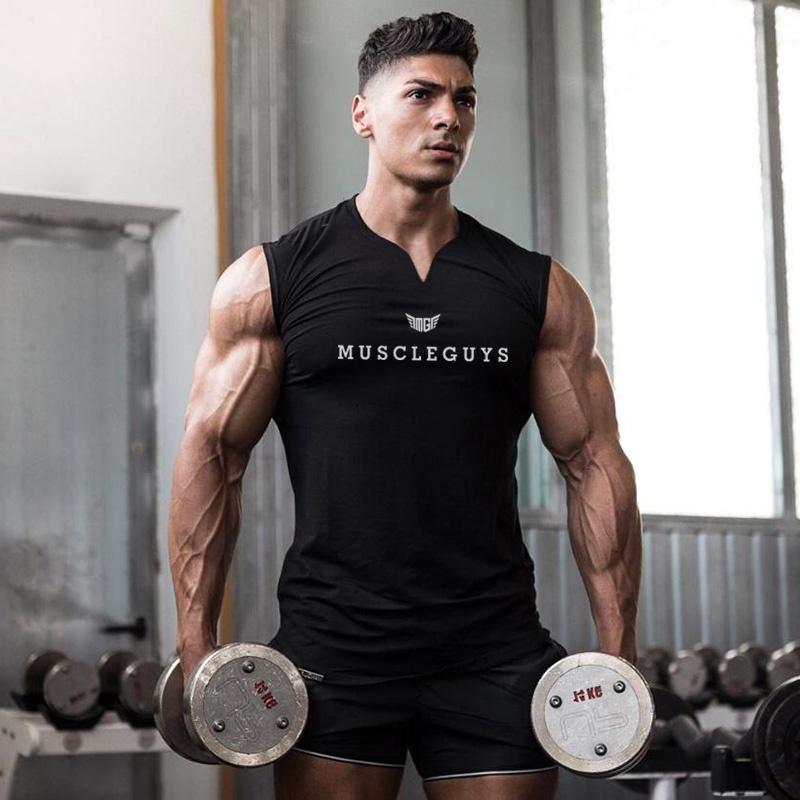 Gym T-shirt Men's Cotton V-neck Fitness Workout Tight Sleeveless T-shirt Men's Bodybuilding Sports T-shirt Top Summer Clothing