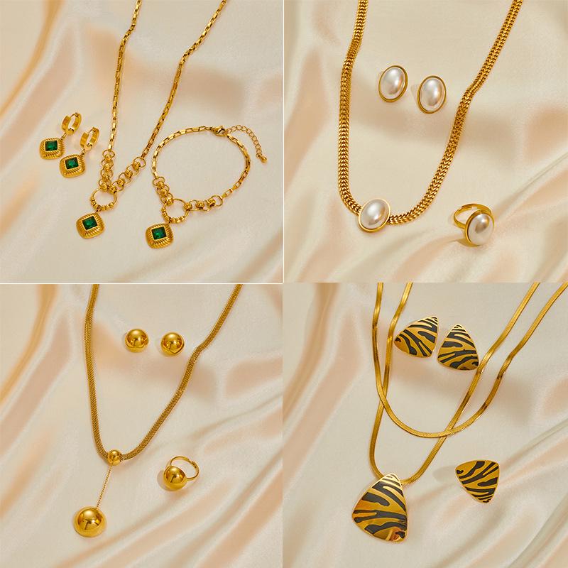 Комплект женских украшений из нержавеющей стали: Не тускнеющее ожерелье, серьги и кольцо - Модные аксессуары