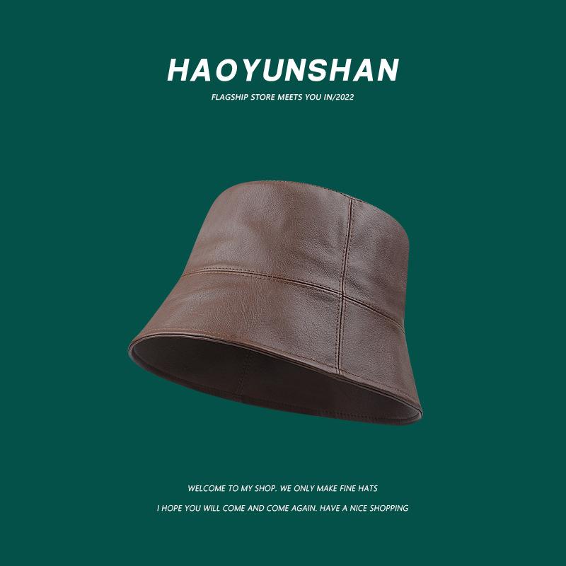 Japanese-style niche makeup for concealing the face pu Leather bucket hat for men and women, casual and versatile, makes the face look smaller,