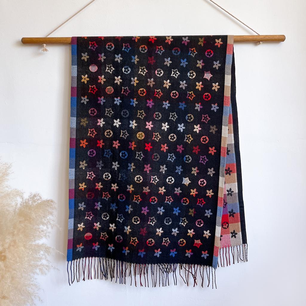 Stylish National Pattern Women's Faux Cashmere Infinity Scarf Winter Warm Two-Sided Thick Floral Print Cozy Shawl Foulard Blanke