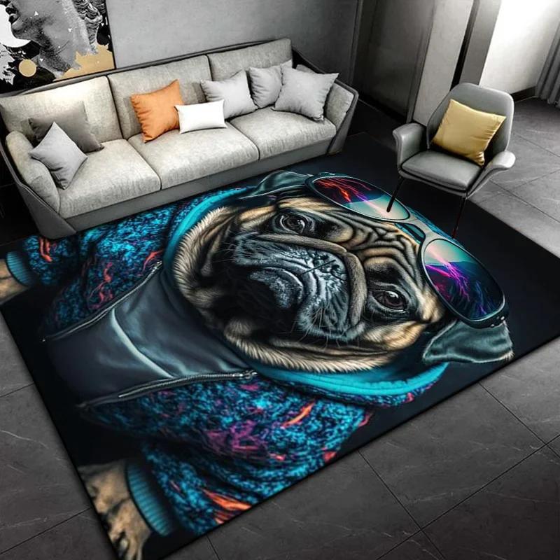 Lovely Pug Dog Cartoon Area Rug - Cute Animal Carpet for Kids Bedroom Playroom Non-Slip Kids-Friendly Floor Mat Home Decor Gift