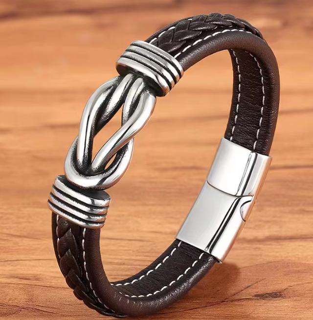 2026 High Quality Infinity Knot Leather Wristband Bracelet Pulsera Stainless Steel Magnetic Clasp Braided Leather Bracelet