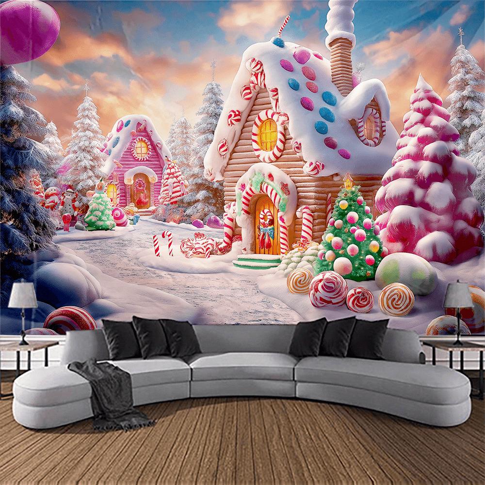 2D flat, 1 piece of Christmas candy town polyester background, with gingerbread house and candy tree, festive decoration