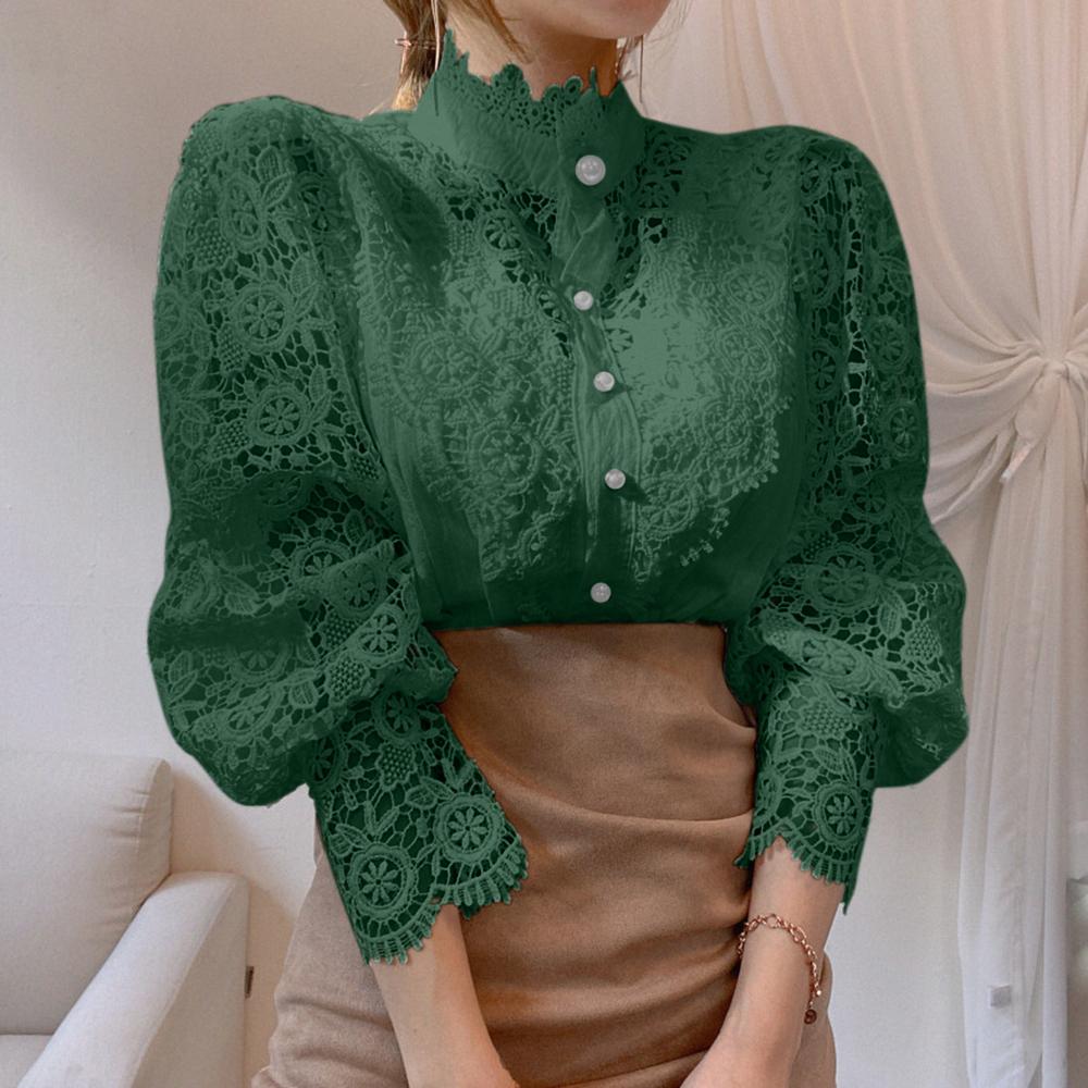 Women Stand Collar Lace Patchwork Shirts Casual Hollow Out Flower Petal Sleeve Button Tops White Shirts for Women