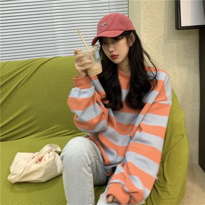 Женский спортивный свитер с длинными рукавами, повседневный, с круглым вырезом, милый, в полоску