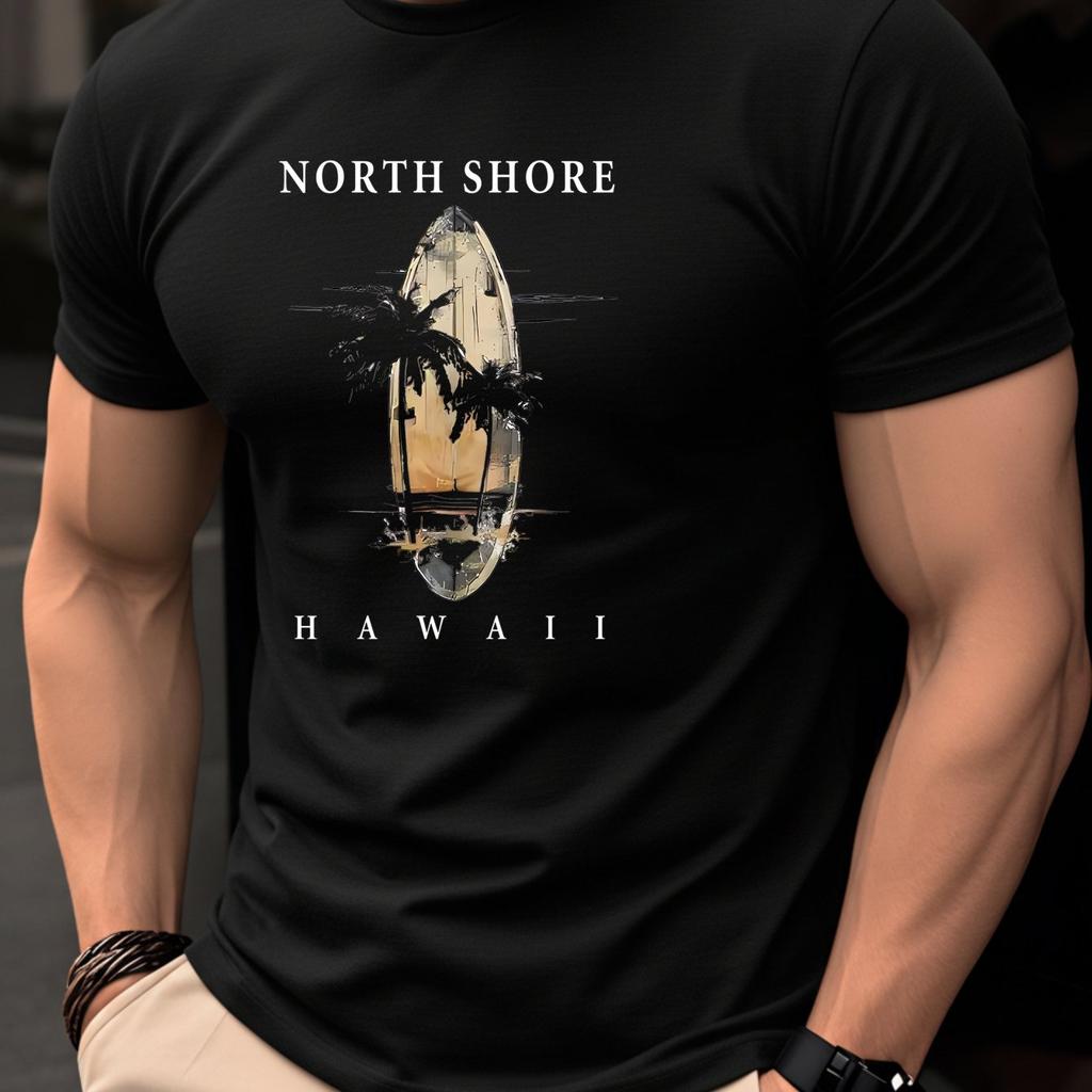 Unisex Black Oneck Tshirt North Shore Hawaii Surf Print Casual Short Sleeve Cotton Tee Beach Palm Tree Streetwear Slim Fit Tops