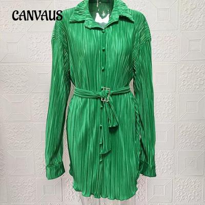 Весеннее и осеннее женское платье-рубашка, модное плиссированное платье с длинными рукавами и завязками на эластичной талии