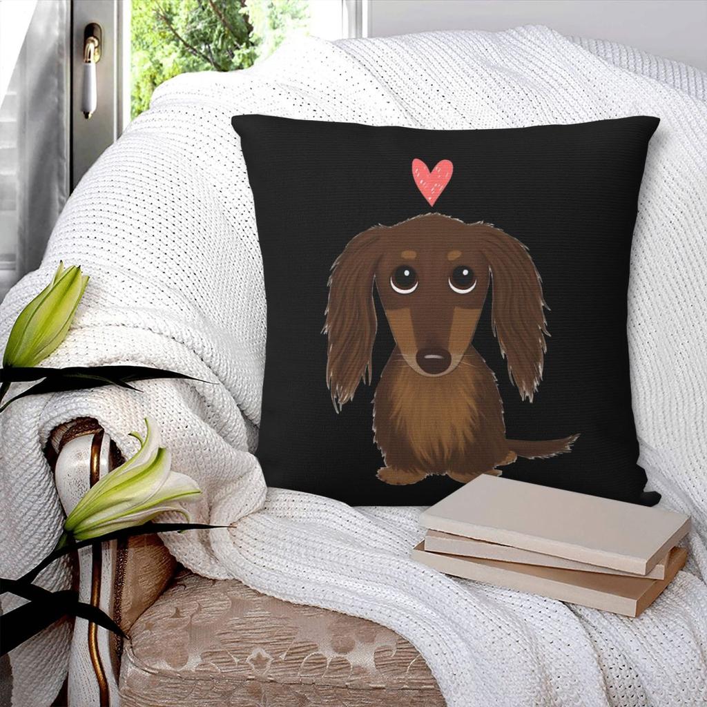 Cute Dog Longhaired Chocolate Dachshund Wiener Dog Square Pillowcase Pillow Cover Cushion Comfort Throw Pillow for Home Sofa