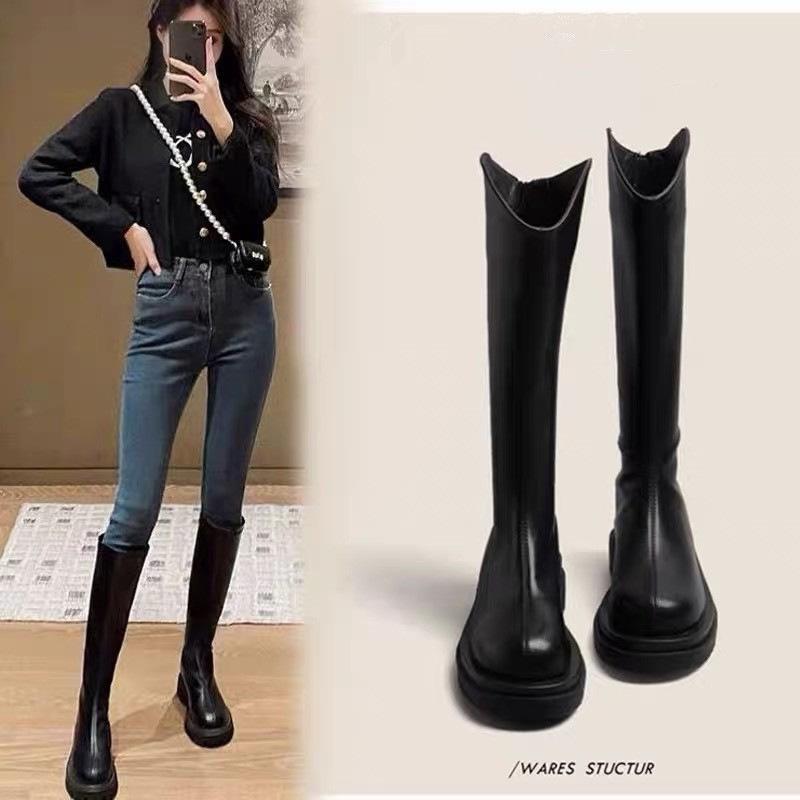 Boots Boots Women's Autumn and Winter New Fleece Thick-soled Wide Big Tube Weight Fat V-mouth Tall Knight Boots