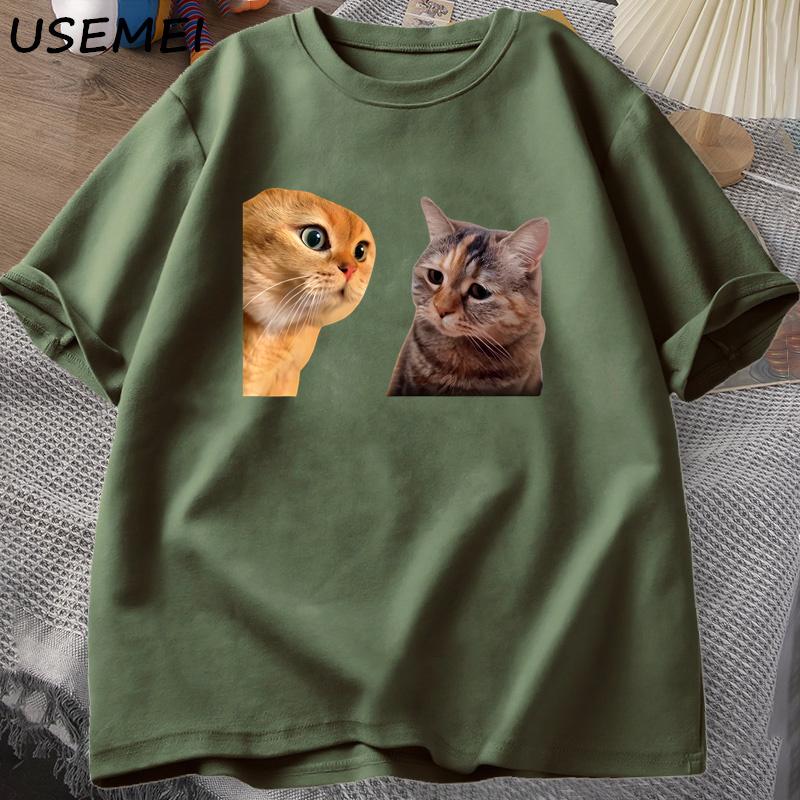 Sad Cat Mewing T-shirt Funny Two Cats Talking Meme Grpahic T Shirts Women Men's Cotton T-shirt Summer Short Sleeves Tees