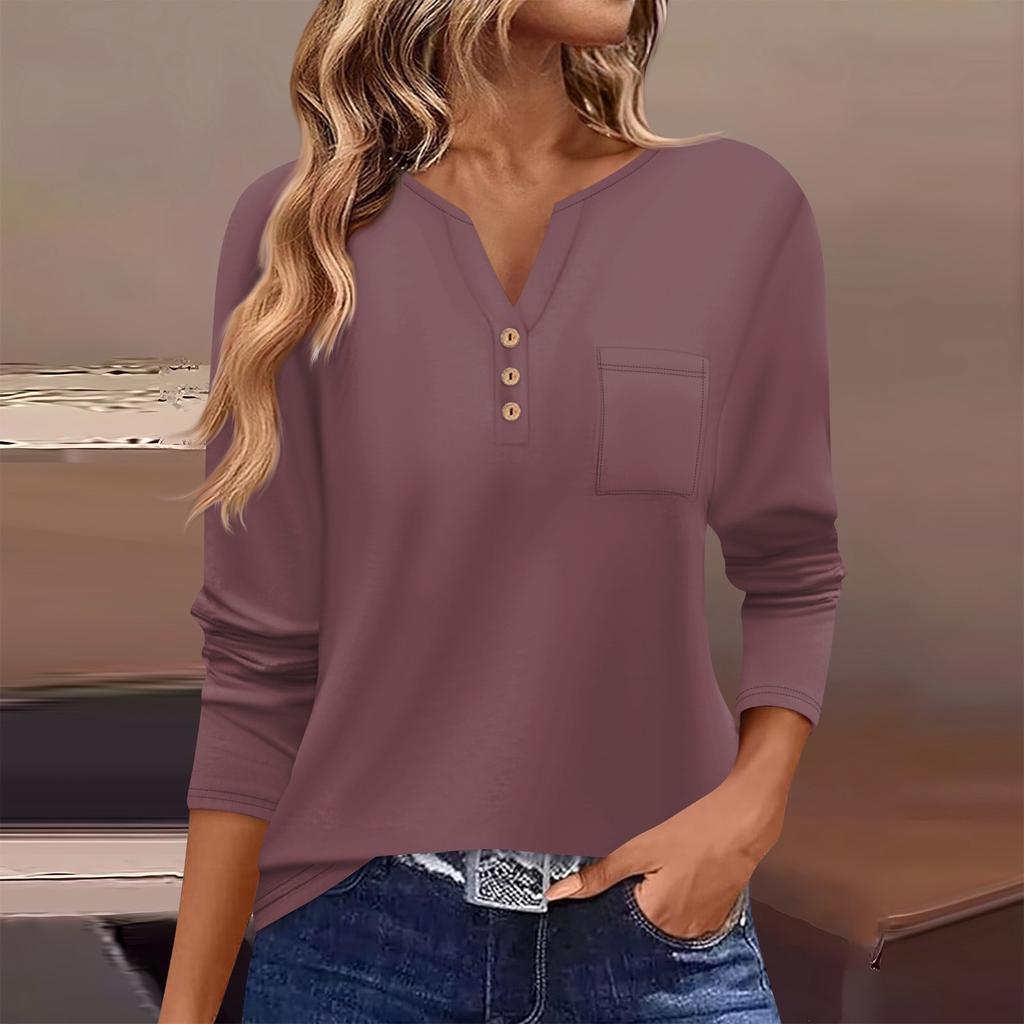 Women's T Shirt Tee Button Long Sleeve Daily Weekend Fashion Basic V- Neck Regular Top With Pocket