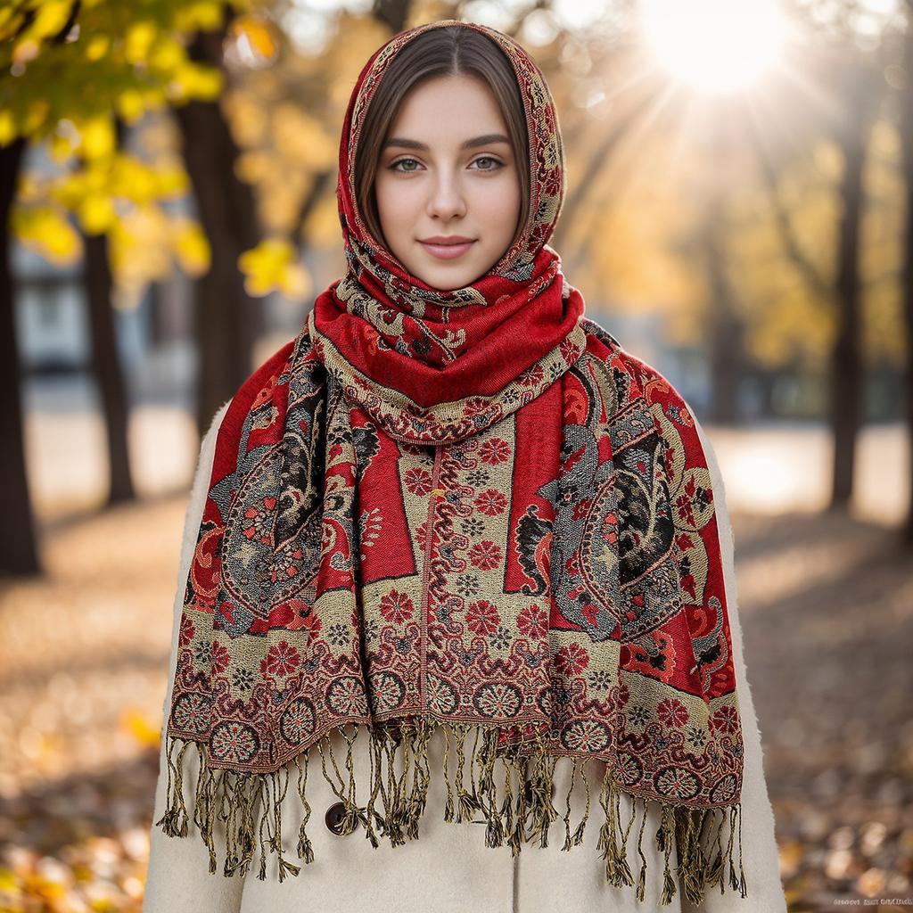 Ethnic Style Cashew Flower Polyester Long Scarf Retro Tassel Embroidered Cheongsam Scarf Travel Shawl Headscarf