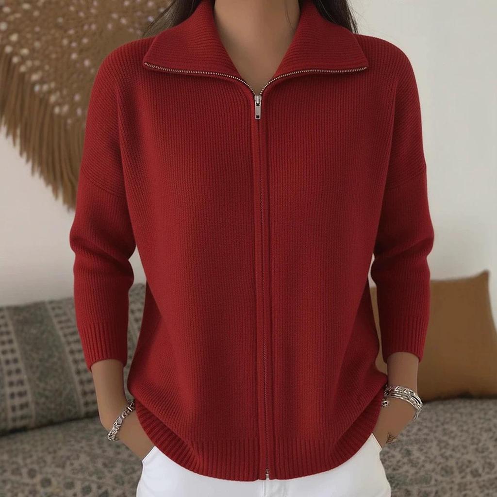 2026 European & American Zipper Knit Cardigan: Women's Autumn/Winter Casual Solid Color Fashion Sweater Outerwear