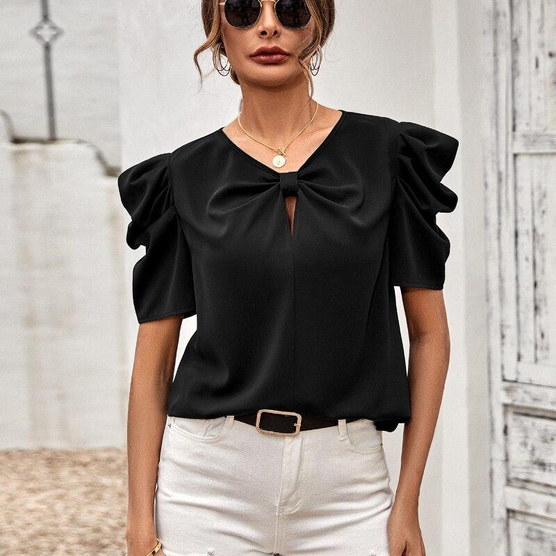 Летняя женская одежда 2023, модная элегантная офисная женская шифоновая блузка, однотонные тонкие топы с пышными рукавами и v-образным вырезом, Blusas 24766