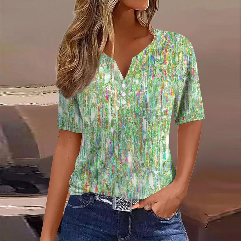 Women's Casual Sequin Printed V-Neck Short Sleeve Decorative Button T-Shirt Top